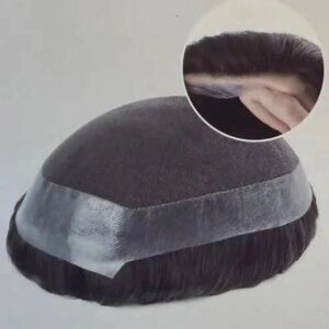 Hairpiece with adhesive strip and close-up.